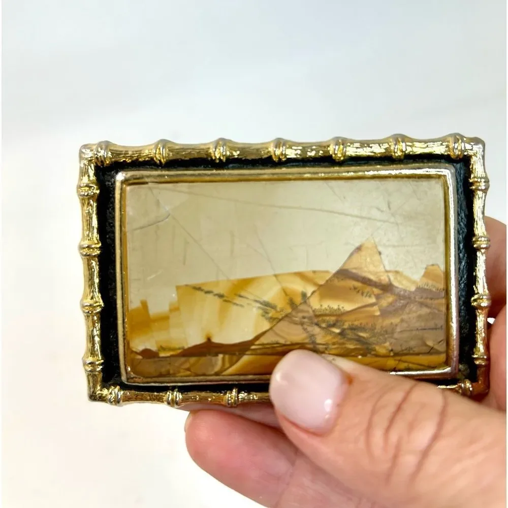1970s Kenneth Reid Mixed Wood Inlay and Howlite Solid Brass Handmade Belt Buckle